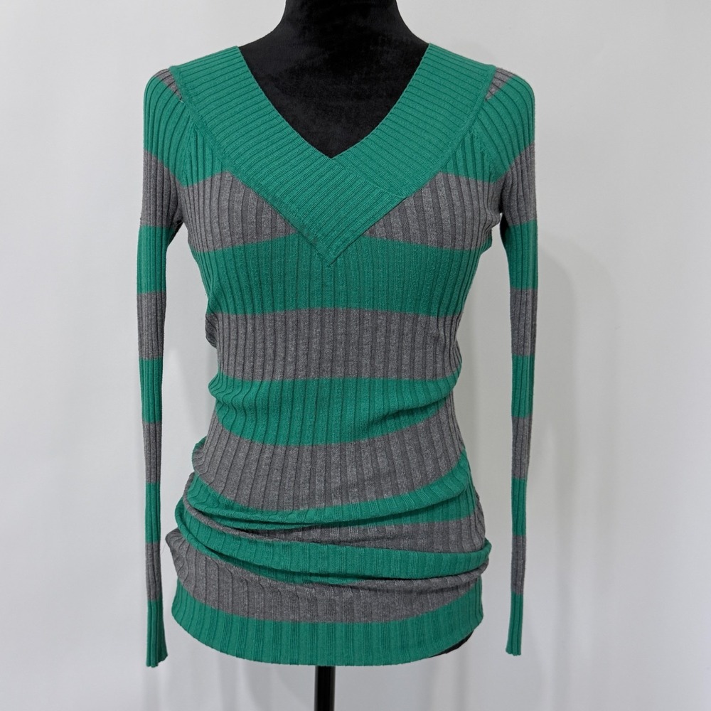 Say What? Y2K  Ribbed Knit V Neck‎ Striped Long Sleeve Top Size S Green Gray